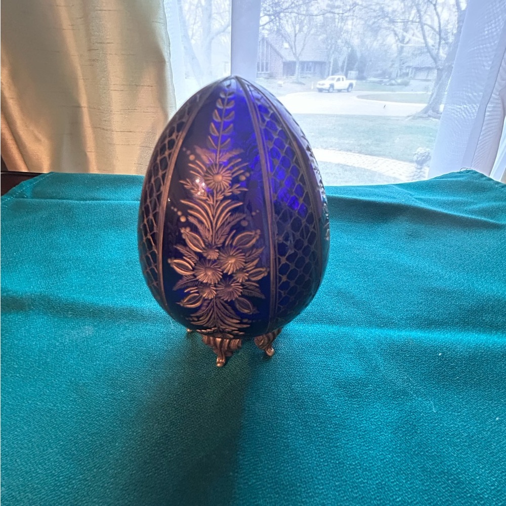 Faberge Cobalt Blue and Gold Decorative Egg Ornament
